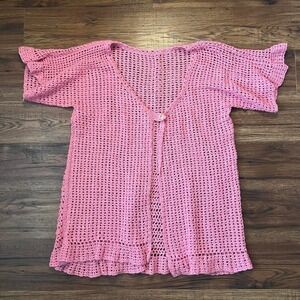 Vintage Handmade Pink Crochet Cardigan Open Front Boho Y2K M/L‎ Boho Coquette